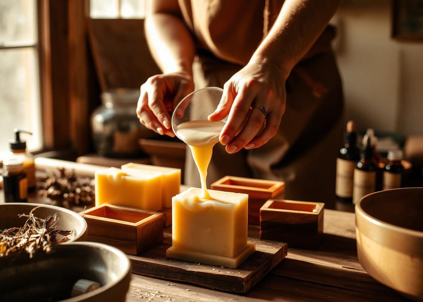 Mãos de artesã despejando sabão derretido em formas de madeira